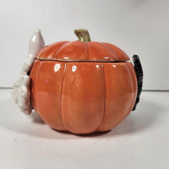 Vintage Halloween Candy Jar Fitz & Floyd 1987 Pumpkin Ghost Black Cat 7 inch - Picture 3 of 9